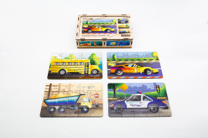 Drewniane puzzle „Transport 4 w 1” dla dzieci od 4 roku życia