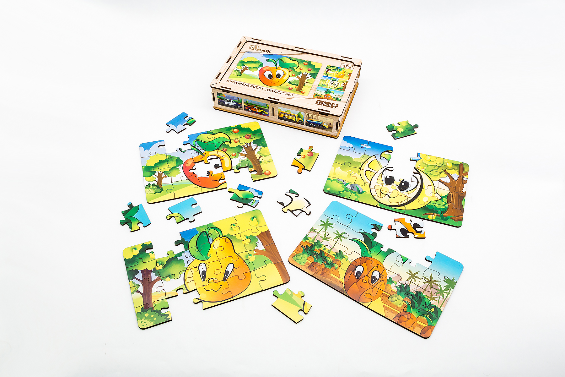 Drewniane puzzle „Owoce 4 w 1” dla dzieci od 3 roku życia